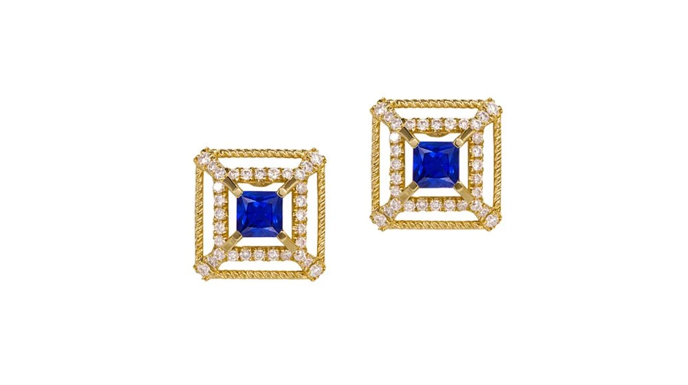 Boucle D Oreille Carré De Lumière - Or Jaune, Saphir, Diamant 1 Boucle D Oreille Carré De Lumière - Or Jaune, Saphir, Diamant