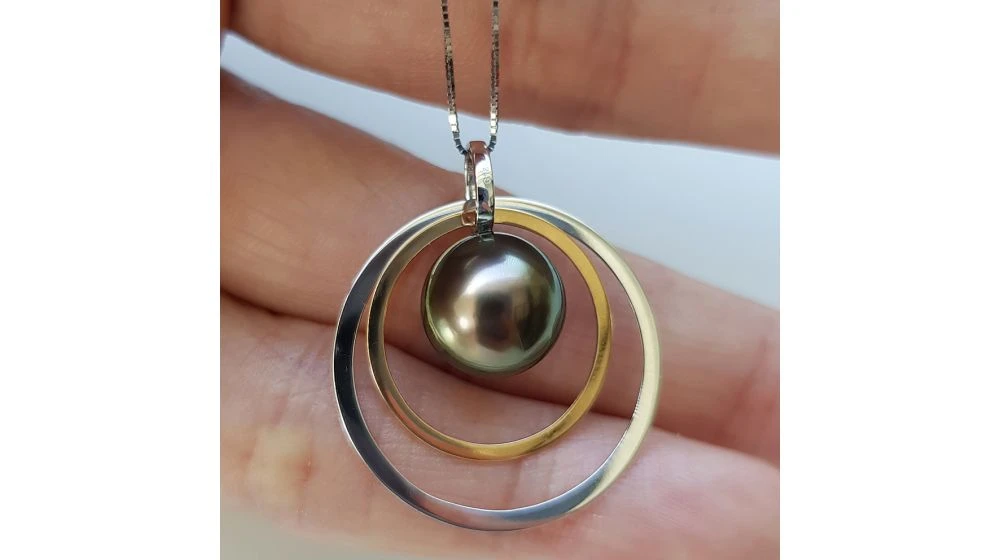 Pendentif 2 Anneaux Superposés - Perle De Tahiti - Or Jaune Et Blanc 2 Pendentif 2 Anneaux Superposés - Perle De Tahiti - Or Jaune Et Blanc – Image 2