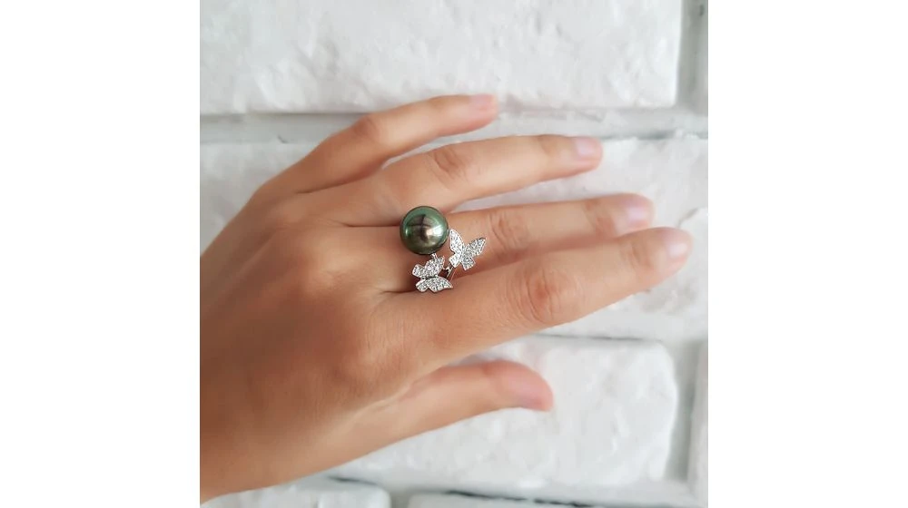 Bague Papillons Gracieux - Perle De Tahiti - Or Blanc, Diamants 8 Bague Papillons Gracieux - Perle De Tahiti - Or Blanc, Diamants – Image 8
