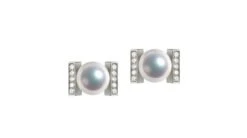 Boucles Oreilles Modernes Forme Rail. Or Blanc, Diamants Et Perles Akoya