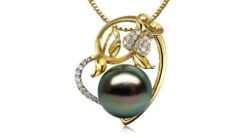 Pendentif Rose Forme Coeur - Perle De Tahiti - Or Jaune, Diamants Pavés