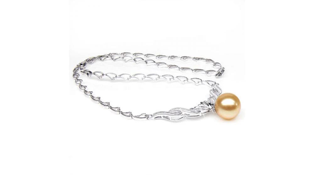 Collier Or Blanc Maille Coeur Et Diamants - Perle Australie Dorée 1 Collier Or Blanc Maille Coeur Et Diamants - Perle Australie Dorée