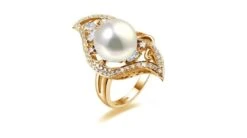 Bague Végétale Or Jaune - Perle Eau Douce Blanche De Culture, Diamants