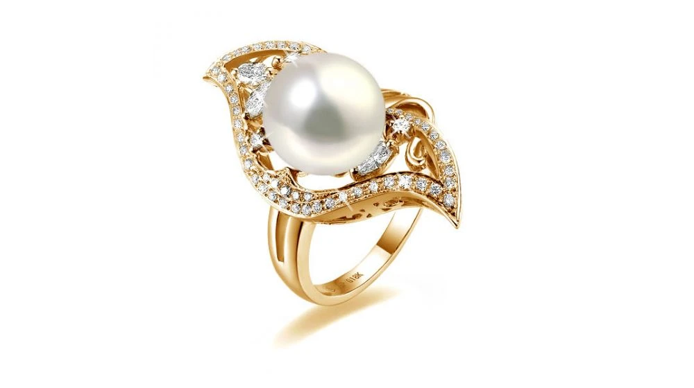 Bague Végétale Or Jaune - Perle Eau Douce Blanche De Culture, Diamants 1 Bague Végétale Or Jaune - Perle Eau Douce Blanche De Culture, Diamants