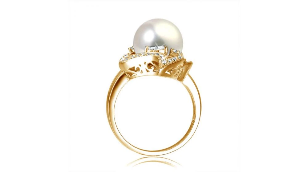 Bague Végétale Or Jaune - Perle Eau Douce Blanche De Culture, Diamants 3 Bague Végétale Or Jaune - Perle Eau Douce Blanche De Culture, Diamants – Image 3