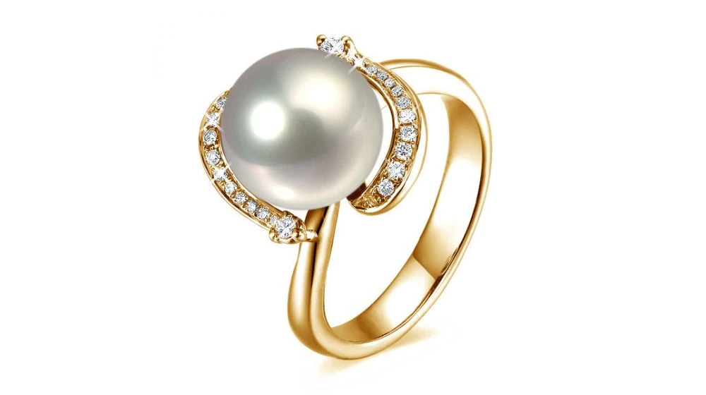 Bague Voluptueuse Or Jaune Et Perle De Culture Blanche - Diamant Pavé 1 Bague Voluptueuse Or Jaune Et Perle De Culture Blanche - Diamant Pavé