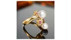 Bague Or Jaune Toi Et Moi Perles Akoya. Fleurs, Saphirs Roses -Maria || Simplicity Soldes bak017 r 9 1