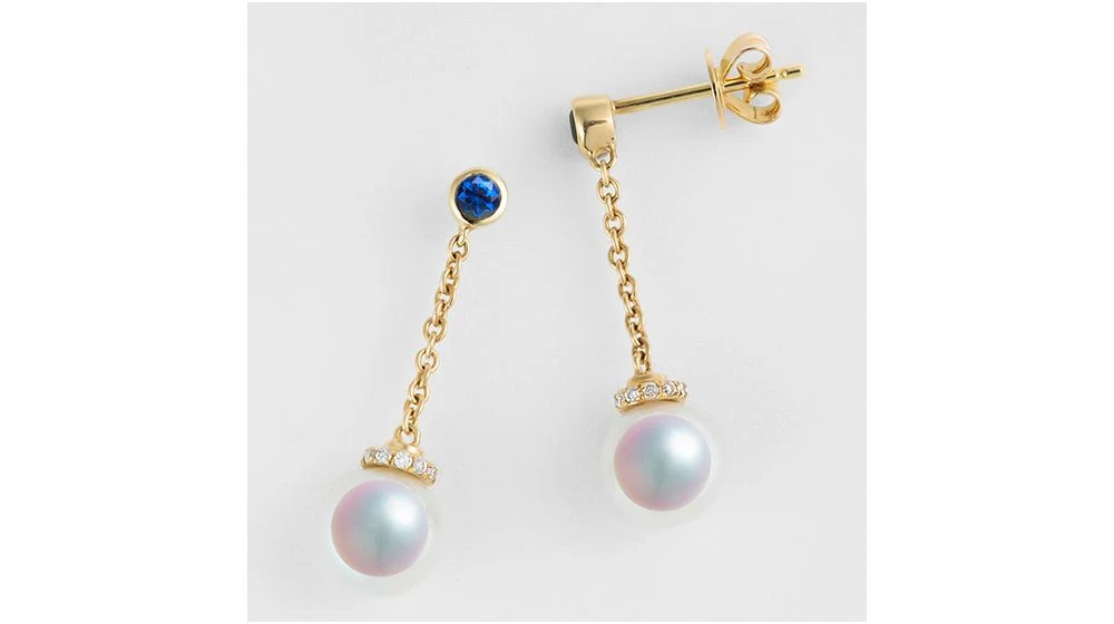 Boucles Pendantes Perles Akoya. Or Jaune, Saphirs Et Diamants 4 Boucles Pendantes Perles Akoya. Or Jaune, Saphirs Et Diamants – Image 4