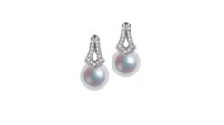 Boucles Oreilles Perles Japon. Pendants Michiko Or Blanc, Diamants.