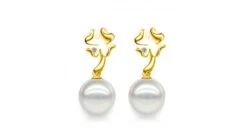 Boucles Oreilles Pendants - Perles Akoya - AAA - Or Jaune Et Diamants