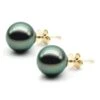 Boucles Oreilles Clous, Or Jaune - Perles De Tahiti Noires, Orient Vert - 9/10mm - GEMME