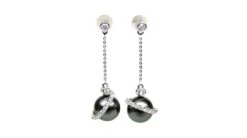 Boucles Oreilles Cercles Diamantés - Perles De Tahiti Noires - Or Blanc