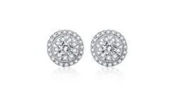 Boucles Oreilles Puces Pavées. Diamants 0.80ct Fleurs. Or Blanc 18cts