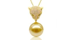 Pendentif Panthère Perle D'Australie Dorée. Or Jaune Et Diamants