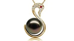 Pendentif Cygne Or Jaune - Perle De Tahiti - Diamants, Saphir Rose